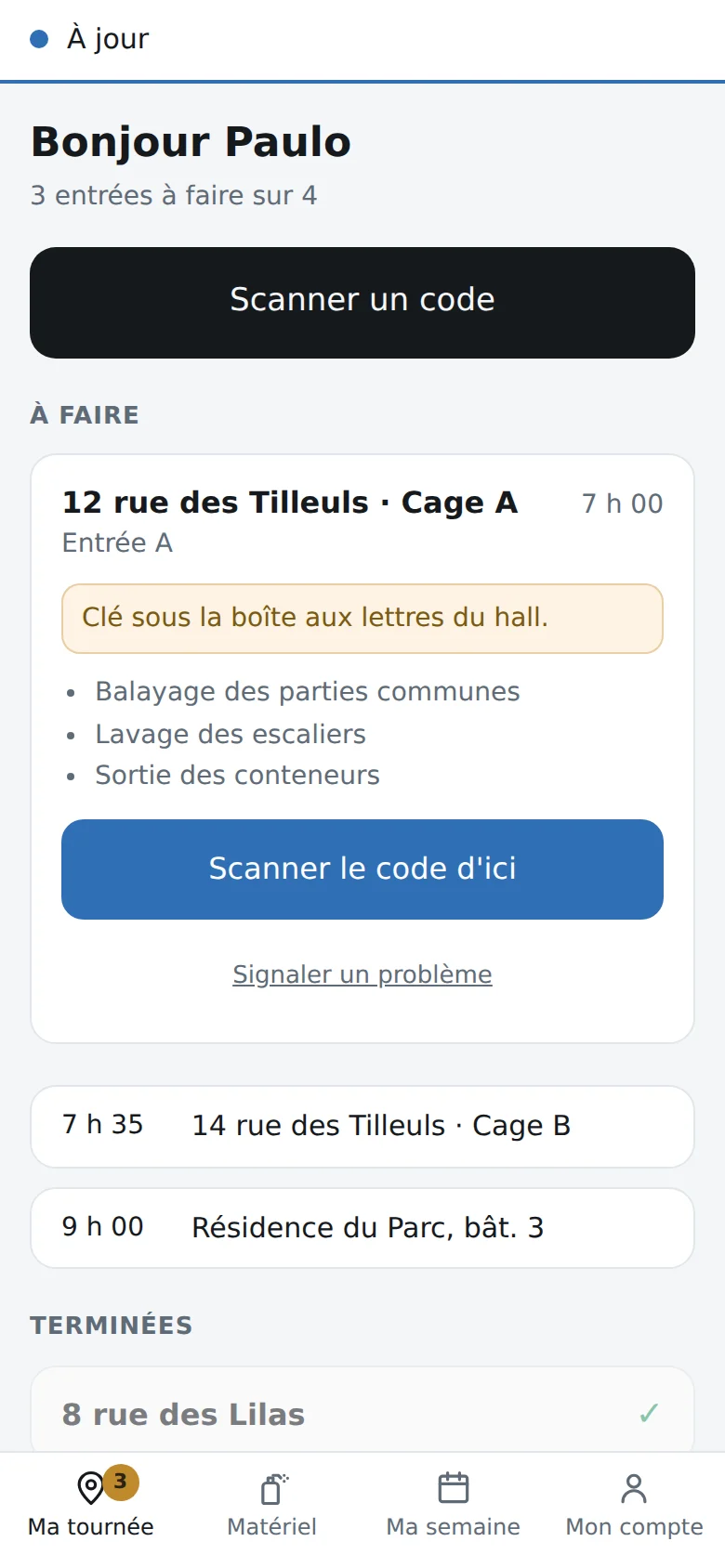 L'application de l'agent : la tournée du jour, avec la prochaine entrée, ses consignes, ses tâches et le bouton pour scanner le code de la plaque.